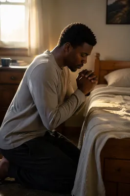 Young Man Kneeling in Bedroom Prayer