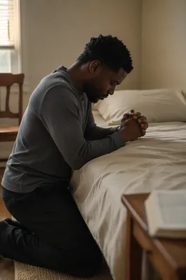 Young Man Kneeling in Prayer Bedroom