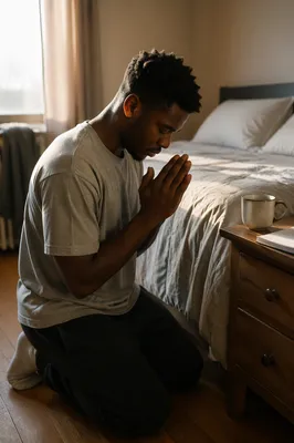 Young Man Kneeling in Prayer Beside Bed