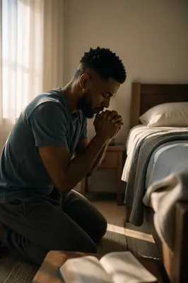 Young Man Kneeling in Prayer at Dawn