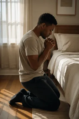 Young Man Kneeling in Sunlit Bedroom