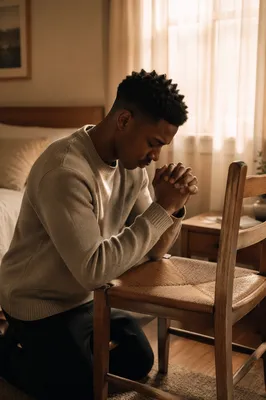 Young Man Kneeling in Sunlit Bedroom