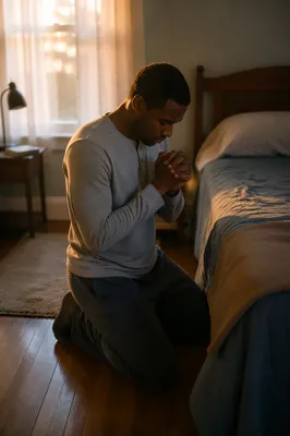 Young Man Kneeling in Prayer at Dawn