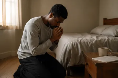 Young Man Kneeling in Prayer Bedroom