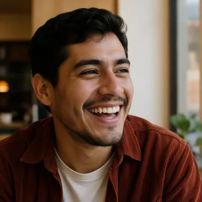 Joyful Young Man Laughing in Warm Light