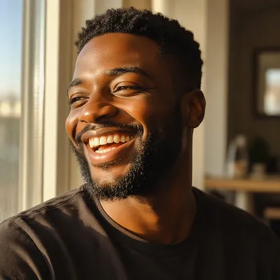 Joyful Young Man Laughing by Window