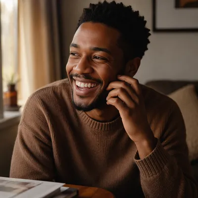 Joyful Young Man Laughing by Window
