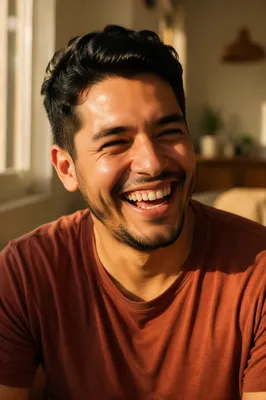 Joyful Young Man Laughing by Window