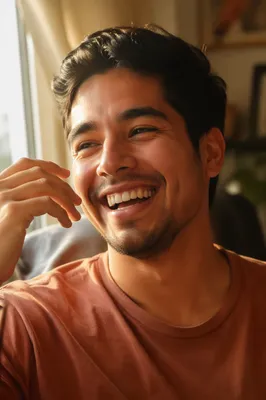 Joyful Young Man Laughing in Warm Light