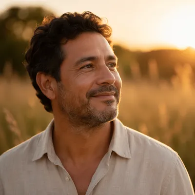 Peaceful Smiling Man at Golden Hour