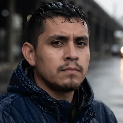 Determined Man in Light Rain Close-Up