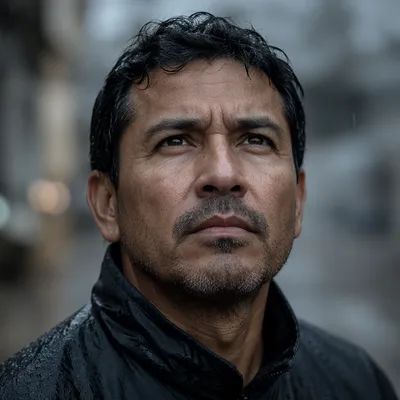 Determined Man in Light Rain Close-Up