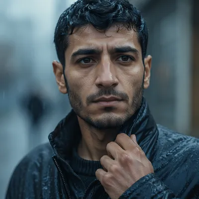 Determined Man in Light Rain Close-Up