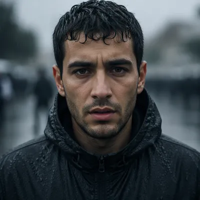 Determined Man in Light Rain Close-Up