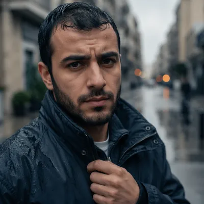 Resilient Man in Light Rain Close-Up