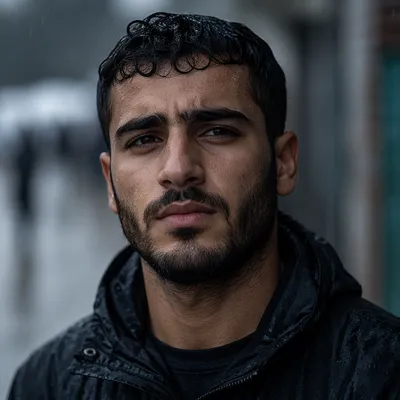 Determined Young Man in Light Rain