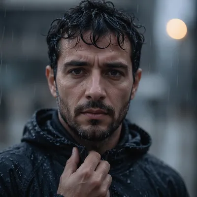 Determined Man in Light Rain Close-Up