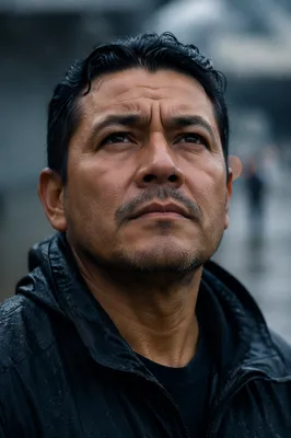Determined Man in Light Rain Close-Up
