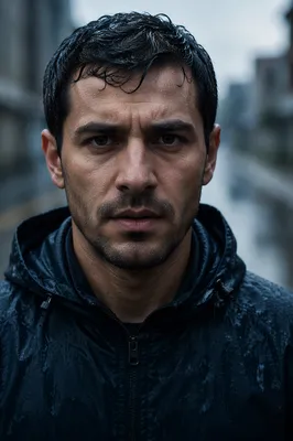 Determined Man in Light Rain Close-Up