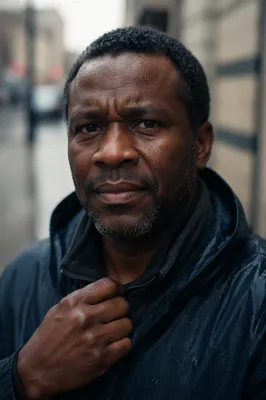 Determined Man in Light Rain Close-Up