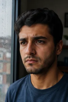 Determined Young Man by Rainy Window