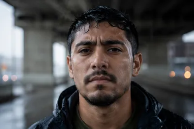Determined Man in Light Rain Close-Up