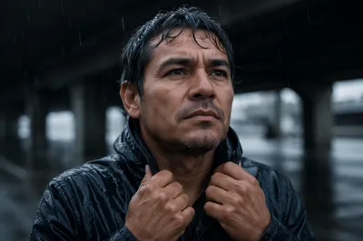 Determined Man in Light Rain Close-Up
