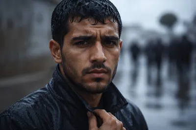 Determined Young Man in Light Rain