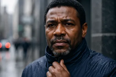 Close-Up Portrait of Determined Man in Rain