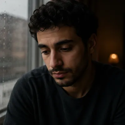Reflective Young Man by Rainy Window