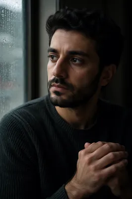 Contemplative Man by Rainy Window