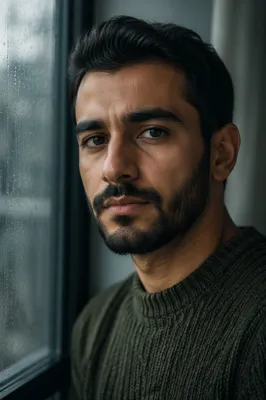 Focused Young Man by Rainy Window