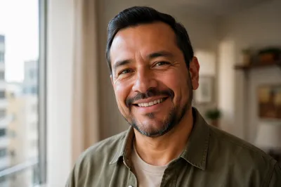 Warm Smiling Man by Sunlit Window