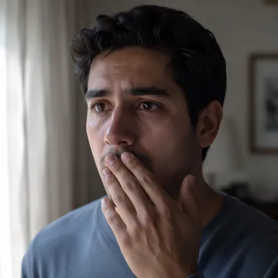 Emotional Young Man Covering His Mouth