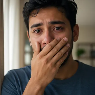 Emotional Young Man Covering His Mouth