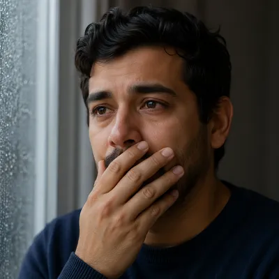 Emotional Young Man by Rainy Window