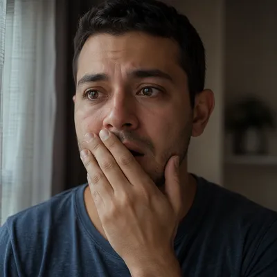 Emotional Young Man Covering His Mouth
