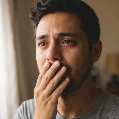 Emotional Young Man Covering His Mouth