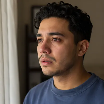 Emotional Young Man by Window Close Up