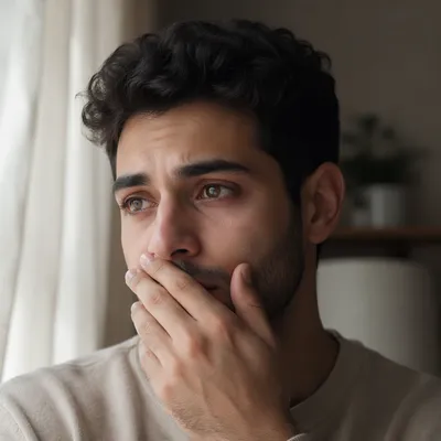 Emotional Young Man by Window Close Up