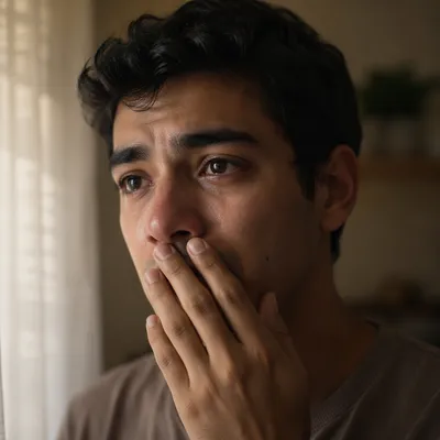Emotional Young Man Covering His Mouth