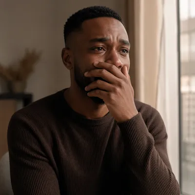 Emotional Young Man Covering His Mouth