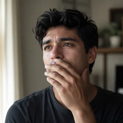 Emotional Young Man Covering His Mouth