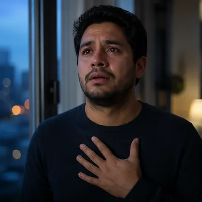 Emotional Young Man by Apartment Window