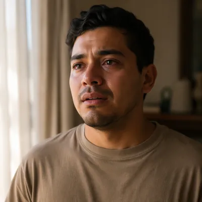 Emotional Young Man by Apartment Window