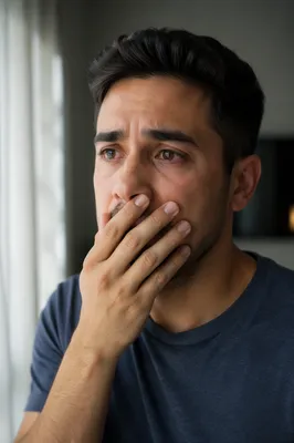 Emotional Young Man Covering His Mouth
