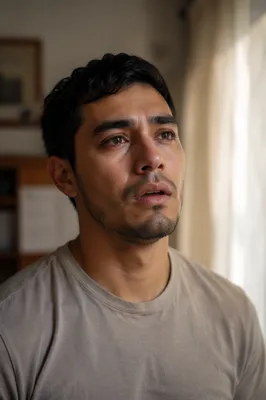 Emotional Young Man by Apartment Window