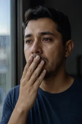 Emotional Young Man by Rainy Window