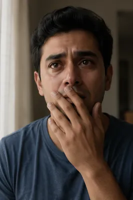 Emotional Young Man Covering His Mouth