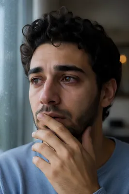 Emotional Young Man by Rainy Window